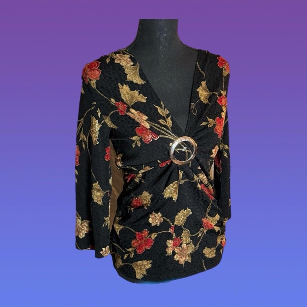 Vintage Whimsygoth 90s Floral Black Blouse with Gold and Red Accents